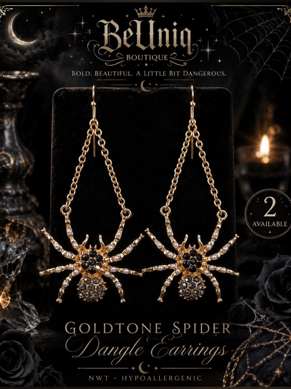 🕷️NWT Goldtone Jeweled Spider Dangle Earrings Pearls + Black Crystals Gothic🕸️